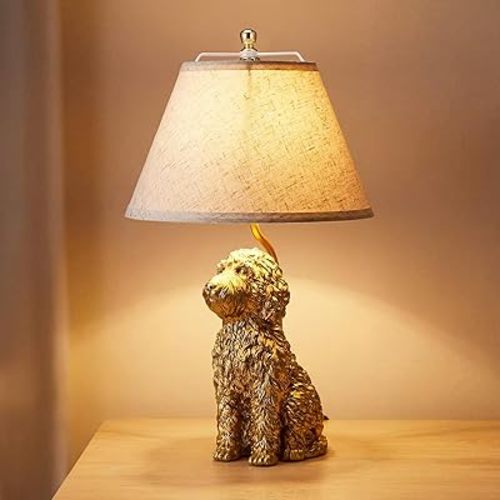 Tuanse 1 Pack Dog Table Lamp 21.5 Inch Golden Doodle Dog Shape Resin Desk Lamp White Polyester Shade Farmhouse Cute Retro Rustic Nightstand for Bedside Bedroom Home Living Room Decoration
