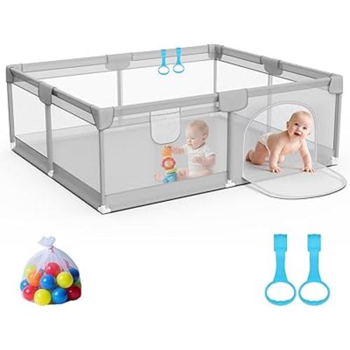 Omzer Baby Playpen 71x59inch - Large Playpen for Babies and Toddlers with 2 Pulling Handle & 50 Ocean Balls - Play Pen for Babies 6-12 Months - Safe Baby Fence Safe for Indoor Use