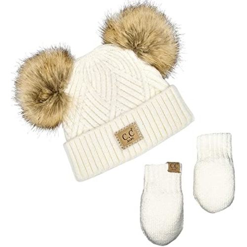 Funky Junque Baby Pom Beanie & Fleece Mittens Set - Warm Winter Essentials - Spring Colors, Classic Neutrals, Pattern Styles
