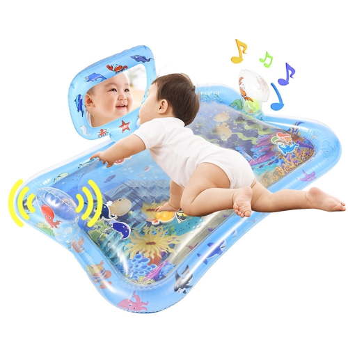 Tummy Time Water Mat for Baby Boy Girl PVC Inflatable Play Mat with Mirror Rattle Buzzer for Infants Toddlers Fun Play Activity Center
