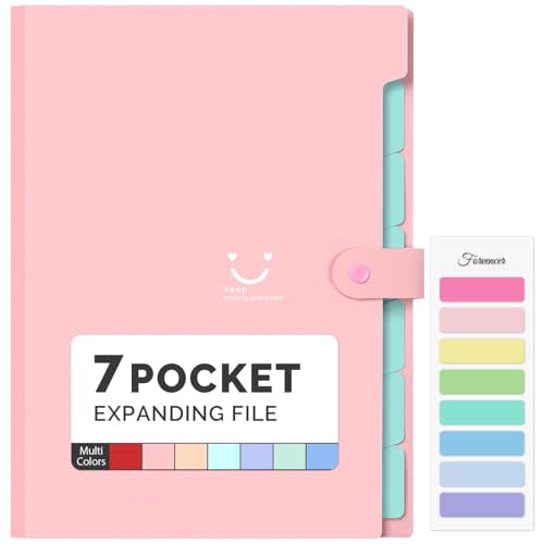 Fovencer Accordion File Organizer,Letter Size Expanding File Folder with 7 Pockets,Portable Document Paper Bill Organizer with Labels, File Folders for Home College School Office Supplies,Pink