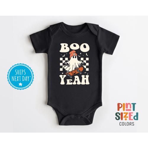 Boo Yeah Baby Onesie® - Halloween Ghost Bodysuit - Retro Skateboard Baby Onesie® - Black