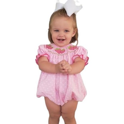 Newborn Infant Baby Girl Summer Short Sleeve Bodysuit Pink Strawberry Embroidered Onesie Smocked Bubble Romper