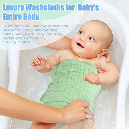 MUKIN Baby Washcloths - Natural Cotton Baby Wipes - Soft Newborn Baby Face Towel for Sensitive Skin- Baby Registry as Shower, 10 Pack 12x12 inches (Green,Blue,White) - Green,blue,white