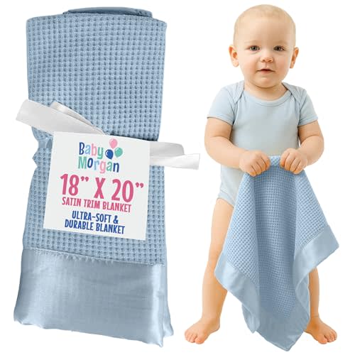 Baby Morgan - Premium Thermal Waffle Baby Blanket - Small Blanket for Newborns & Infants - Soft Mini Comfort Blankie - Ideal for Strollers, Travel and Cuddling - Blue, Satin Trim (18" x 20")