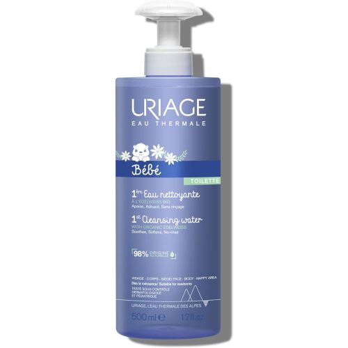 URIAGE Baby 1st Cleansing Water with Organic Edelweiss I No-Rinse, Soothes, and Softens, Face & Body, Paraben & Soap Free, 500 mL / 17 oz