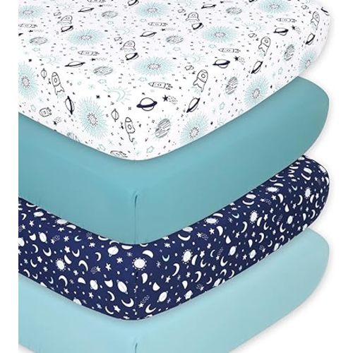 The Peanutshell 4-Pack Fitted Crib Sheet Set - Super Soft & Breathable Baby Girl or Boy Crib Sheets, Nursery Decor, Fit for Standard Mattress Cover- Space