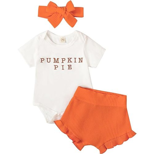 Baby Girl Halloween Outfit Pumpkin Romper+Ruffle Shorts Set+Headband Newborn Fall Clothes Thanksgiving Clothing - 0-3 Months - Pumpkin Pie