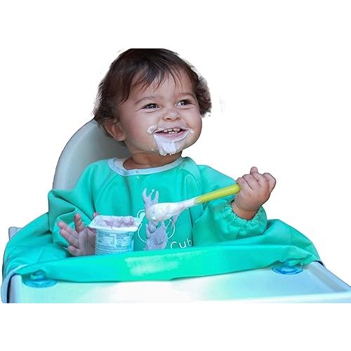 Clean Cub Baby Led Weaning BLW Long Sleeve Apron Bib with Suction Cups for Infant and Toddlers (Green, 6-12)