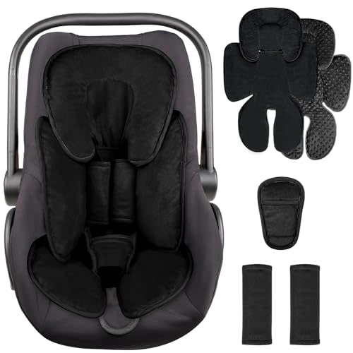 2 in 1 Infant Car Seat Insert Head and Body Support Set, Reversible Newborn Insert for Carseat with 3 Extra Strap Pads, Soft Stroller Cushion Pillow Insert Boys Girls, Fits for Stroller, Swing, Black