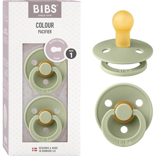 BIBS Pacifiers Colour Collection | Natural Rubber Baby Pacifier | Round Nipple | Set of 2 BPA-Free Soothers | Made in Denmark | 0+ Months (Pack of 2) | Sage