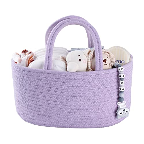Baby Diaper Caddy Organizer Cotton Rope Nursery Storage Bin Basket Portable Holder Tote Bag for Changing Table Car Travel Baby Shower Gifts Newborn Essentials Registry Must Have Purple or Lavender