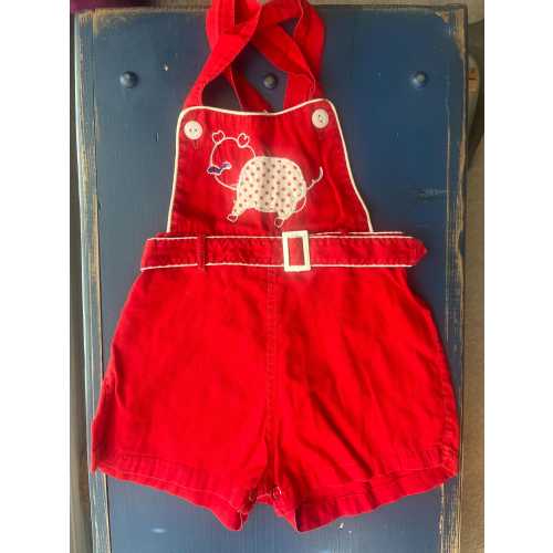 vintage baby clothing, baby sun suit, red sun suit