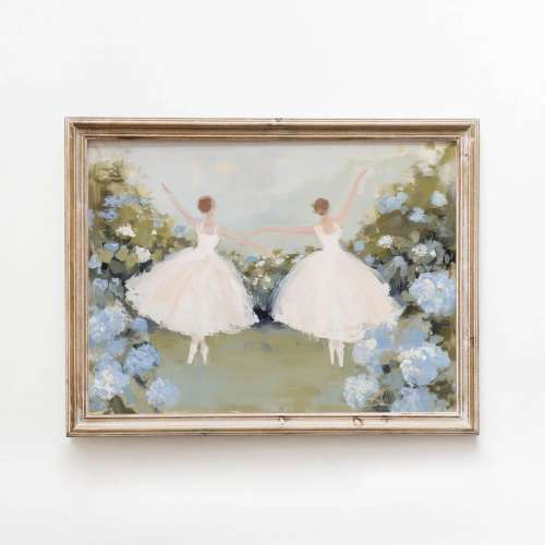 Coquette Ballerinas in Garden Printable, Vintage Shabby-Chic Wall Art, Romantic Dance Decor, Feminine Art, Blue Hydrangeas Download 0233