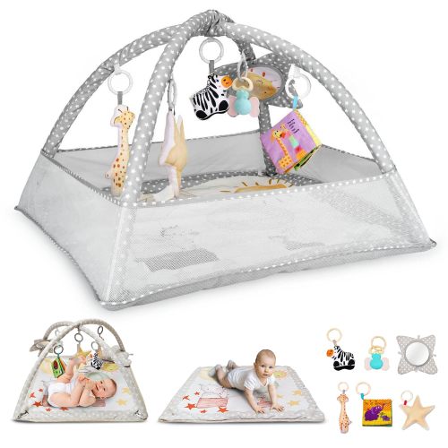 Kidikools 6-in-1 Baby Play Gym Activity Center with Mosquito Net | Foldable Baby Play Mat for Floor with Sunproof Canopy | Portable Tummy Time Mats for Babies 0-12 Months (Grey)