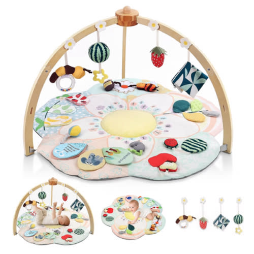 Baby Play Gym & Activity Mat, 5 Developmental Zones Tummy Time Mat with 4 Detachable Sensory Toys, Early Skills & Sensory Development Mat, Newborn Essentials Baby Shower Gift