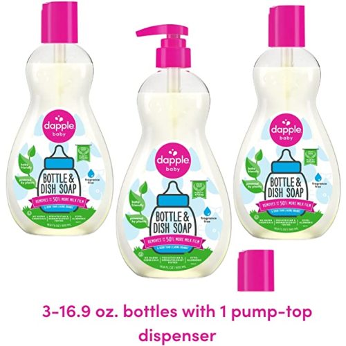 Dapple Baby Bottle Soap, Hypoallergenic Dish Soap for Baby Bottles, Powered by Plants, 1 Pump Included, Packaging May Vary, Fragrance Free, 16.9 Fl Oz (Pack of 3)