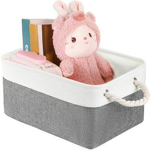 Storage Bins with Sturdy Cotton Handles(1 Pack), Fabric Storage Baskets for Organizing use for Office & Home, Book, Clothes, Toys, Closet Boxes (Medium, Grey-White, 14.2x10.2x7.1 inches)