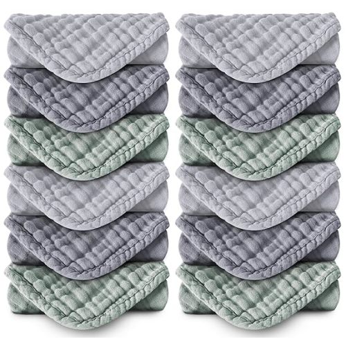 MOON PARK Baby Washcloths, 12 Pack - 12x12 Inches, Small Burp Cloths and Baby Wipes - 100% Cotton Muslin Ultra Soft for Newborn, Infant and Toddlers - Grey, Green and Slate