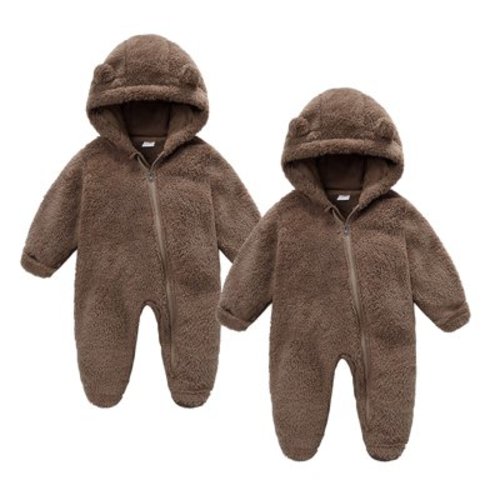 Lenpel 2 Pc Newborn Baby Footed Jumpsuits Cute Thick Warm Zip up Hooded Fleece Rompers Winter Snowsuit Clothes
