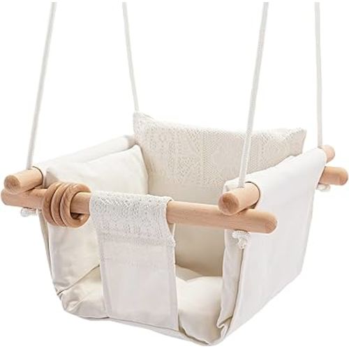 Mlian Secure Canvas and Wooden Baby Hanging Swing Seat Chair Indoor Outdoor Hammock Backyard Outside Kids Toys Swings 6-36 Months with Lace Décor Cushion Natural Ring, Beige
