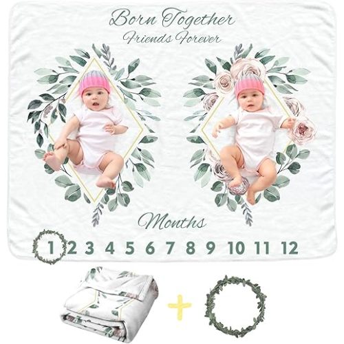 Twins Baby Monthly Blanket for Girls boy, Newborn Month Blanket, Soft Flannel Photography Background Prop, Personalized Shower Gift, Boho Flower Leaf