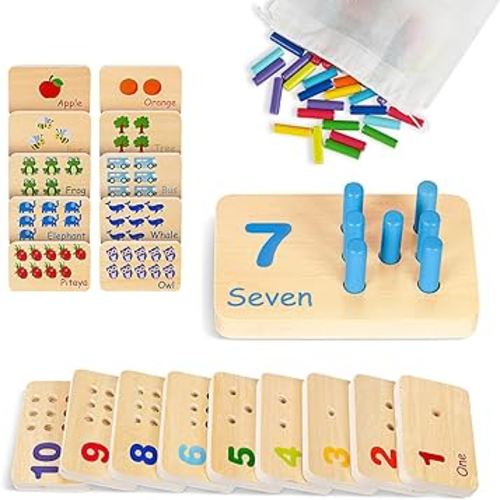 TOOKYLAND Peg Board Toddler Toys, Counting Wooden Toys with 55 Pegs, Wooden Math Manipulatives,Montessori Math and Numbers for kids & Kindergarten Learning Activities