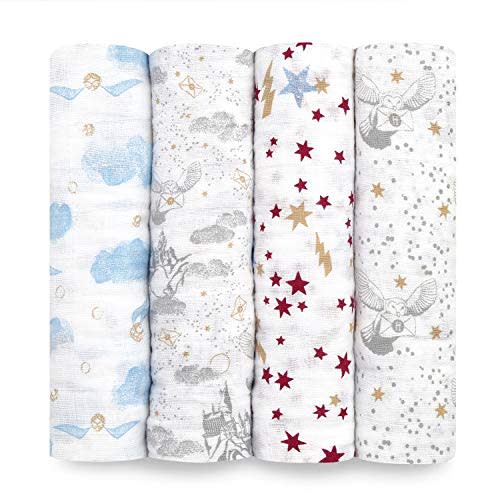 aden + anais Swaddle Blanket, Boutique Muslin Blankets for Girls & Boys, Baby Receiving Swaddles, Ideal Newborn & Infant Swaddling Set, Perfect Shower Gifts, 4 Pack, Harry Potter
