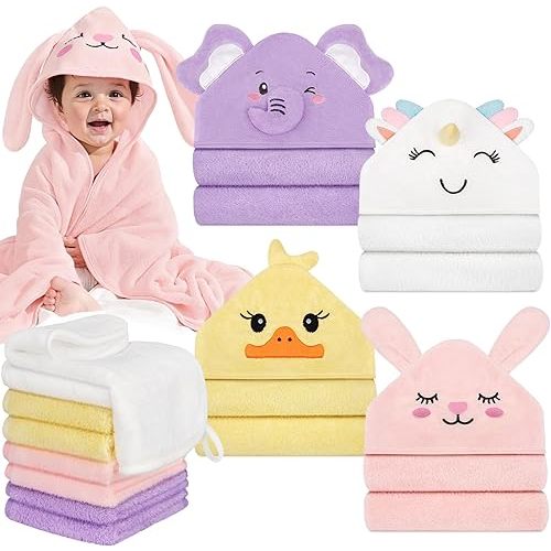 CandyHome 12 PCS Baby Bath Towels for Infants Toddlers, 4 PCS Animal Hooded Baby Towels & 8 PCS Washcloths Set, Ultra Absorbent Soft Cute Newborn Essential Gift for Boys & Girls