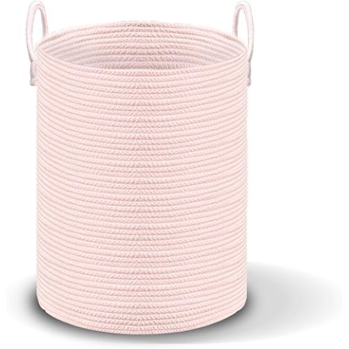 Cotton Rope Storage Basket with Handles, Large Laundry Hamper, Nursery Organization, Pink