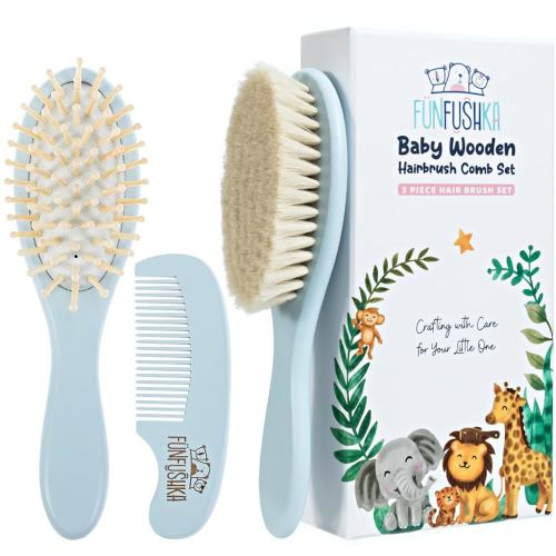 Wooden Baby Hair Brush and Comb Set for Newborns - Baby Soft Goat Bristle & Comb for Gentle Scalp Care - Perfect Registry Gift Set - Cradle Cap Brush for Newborn (Sky)