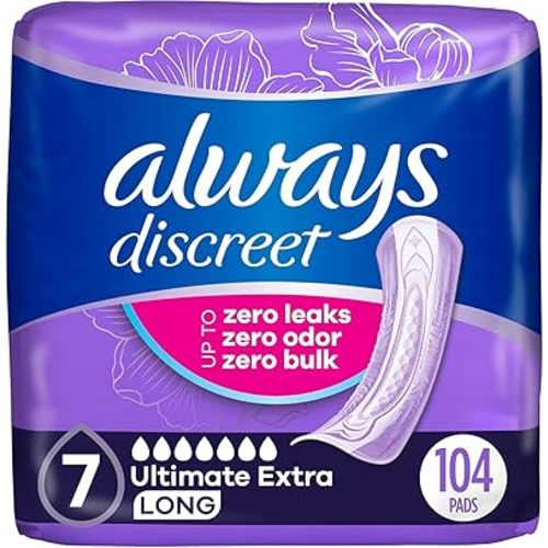 Always Discreet Adult Incontinence Pads for Women, Ultimate Extra Absorbency, Long Length, Postpartum Pads, 104 Count (Packaging May Vary)