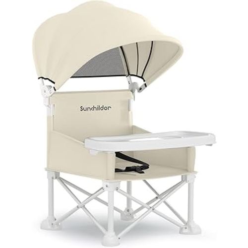 Baby Booster Seat with Detachable Tray & Sunshade - Features a 3-Point Safety Harness, Compact Fold for Easy Travel, Ideal for Indoor and Outdoor, Beige