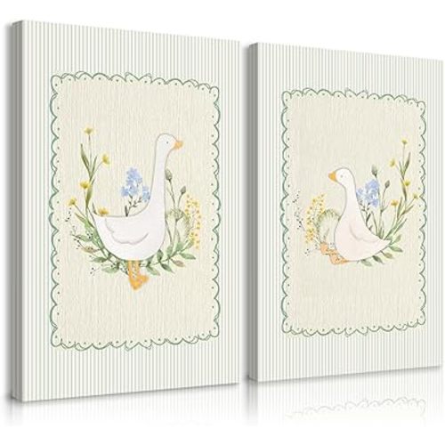 Vintage Nursery Goose Wall Art Decor Baby Girl Room Canvas Poster Sage Green Nursery Art Prints Silly Goose Wall Decor Sweet Floral Painting Boys Animal Pictures Bedroom 16x24 Inch Ready to Hang 2pcs