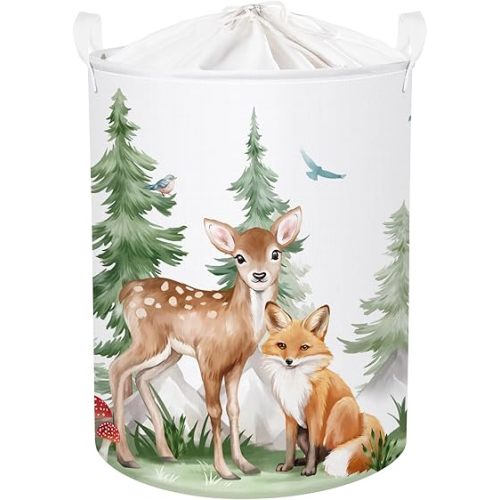 Forest Animals Baby Laundry Hamper Collapsible Clothes Kids Storage Basket Bear Fox Large Boys Girls Gift Toy Box Bin for Nursery, Deer, 63L