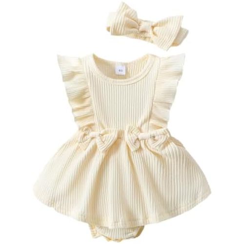 MERSARIPHY Baby Girl Summer Clothes Ruffles Ribbed Knit Romper Dress Jumpsuit Bodysuit with Headband Cute Newborn Outfit Set