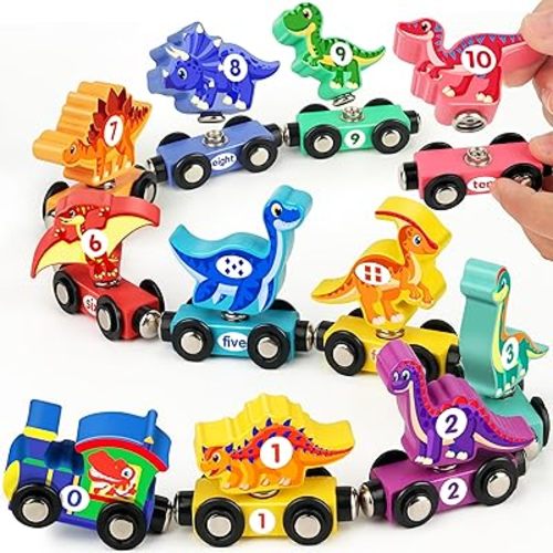 Vanmor Wooden Dinosaur Train Set for Toddlers - Magnetic Dinosaur Toys and Number Train, Perfect for Toddler Activities, Birthdays, and Educational Gifts for Boys Aged 3-5