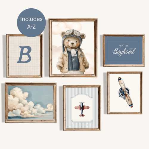 Kids Airplane Room, Teddy Bear Blue Gallery Set, Boy Navy Nursery Prints, Vintage Airplane Print, Personalized Nursery, Aviation Playroom