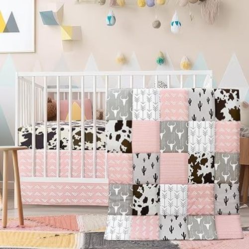 3 Piece Patchwork Western Crib Bedding Set for Boys Girls Cow Cactus Print Baby Bedding Barnyard Western Nursery Decor Soft Baby Bed Set Includes Quilt Fitted Crib Sheet Bed Skirt (Cowgirls)