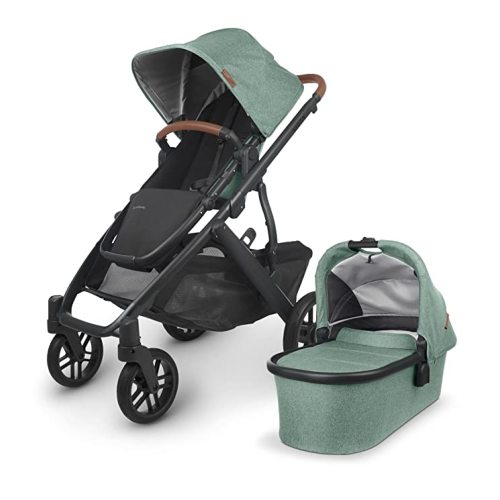 UPPAbaby Vista V2 Stroller/Convertible Single-to-Double System/Bassinet, Toddler Seat, Bug Shield, Rain Shield, and Storage Bag Included/Gwen (Green Mélange/Carbon Frame/Saddle Leather)