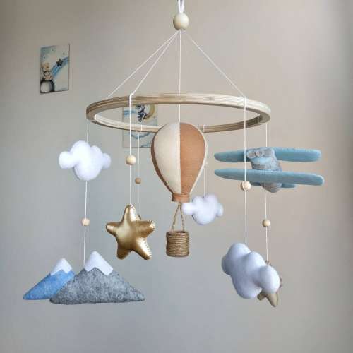 Travel nursery mobile. Adventure baby room decor. Baby boy crib mobile. Airplane, hot air balloon, mountain cot mobile. Musical mobile.