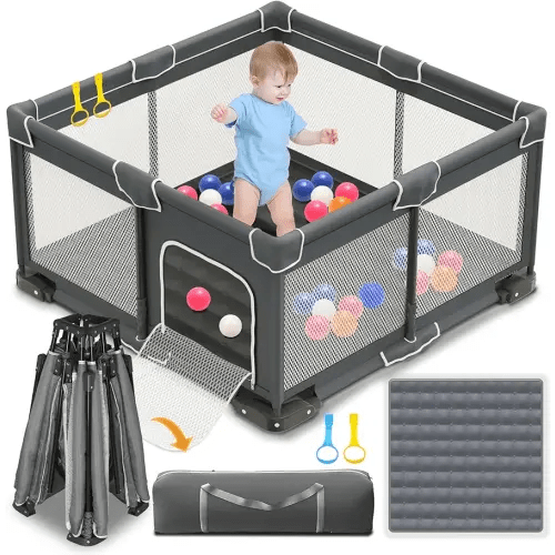 Foldable Playpen for Babies and Toddlers, 50x50 Inches Portable Playpen, Kids Collapsible Play Pen with 2 Handlers, Indoor & Outdoor Baby Fence Play Area with Visible Mesh, Dark Gray