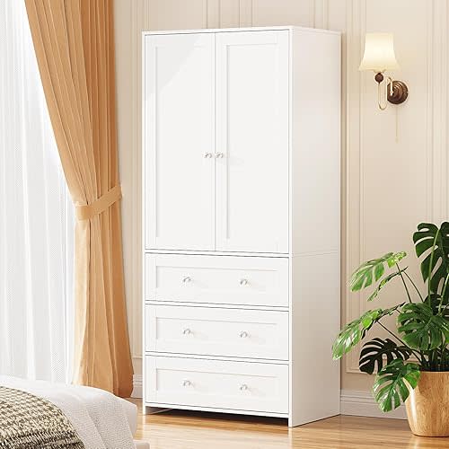 VOWNER Armoire Wardrobe Closet with Drawers and Mirror, 71" Clothing Storage Cabinet with Hanging Rod, 2 Doors Wooden Wardrobe Cabinet for Bedroom, Large Capacity Storage