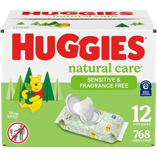 Huggies Natural Care Sensitive Baby Wipes, Unscented, Hypoallergenic, 99% Purified Water, 12 Flip-Top Packs (768 Wipes Total), Packaging May Vary