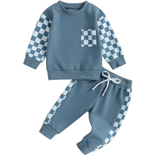 BeQeuewll Fall Winter Toddler Baby Boy Clothes 2Pcs Color Block Crewneck Sweatshirt and Pants Sweatsuit Little Boy Clothing
