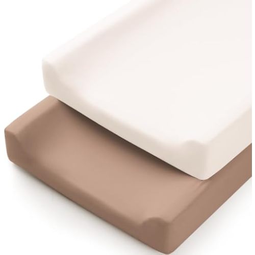 Konssy 2 Pack Stretchy Changing Pad Covers for Girl, Boy, Silky Soft Changing Table Cover, Breathable Baby Nursery Diaper Chang Pad Sheets (Brown,Beige)