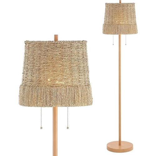 JONATHAN Y JYL3091A Ocata 61" 2-Light Coastal Bohemian Iron/Rattan LED Floor Lamp with Pull-Chain Farmhouse, Rustic Standing Reading Lamp LED Bulb Included, Brown Wood Finish