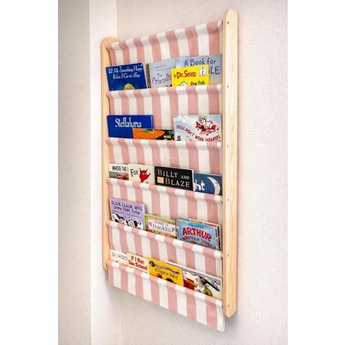Montessori 5 Tier Canvas Pocket Wall Mounted Bookshelf, Re-Washable Soft Fabric Kids Book Rack with Deep Pockets, Wooden Nursery & Playroom Book Organizer, Space Saving Behind Door Shelf (Pink)