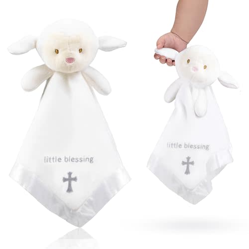 TRANQUIL KIDDO Lamb Lovey, Baptism Gifts for Girl & Boys - Loveys for Babies, Soft Embroidered Baby Blanket with Cross, Baptism Blanket for Newborns & Toddlers, Organic Cotton,14 inch