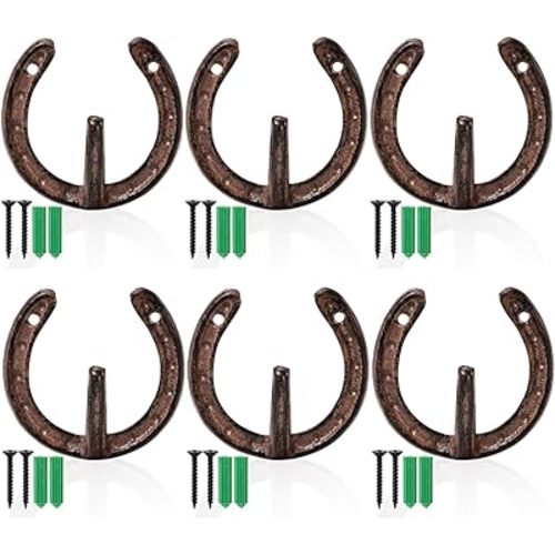 ZAVOOS 6 Pack Cast Iron Wall Hooks, Vintage Heavy Duty Wall Mounted Horseshoe Hanger, Multiuse Coat Hook Farmhouse Decor for Hanging Hat Key Towel Bag